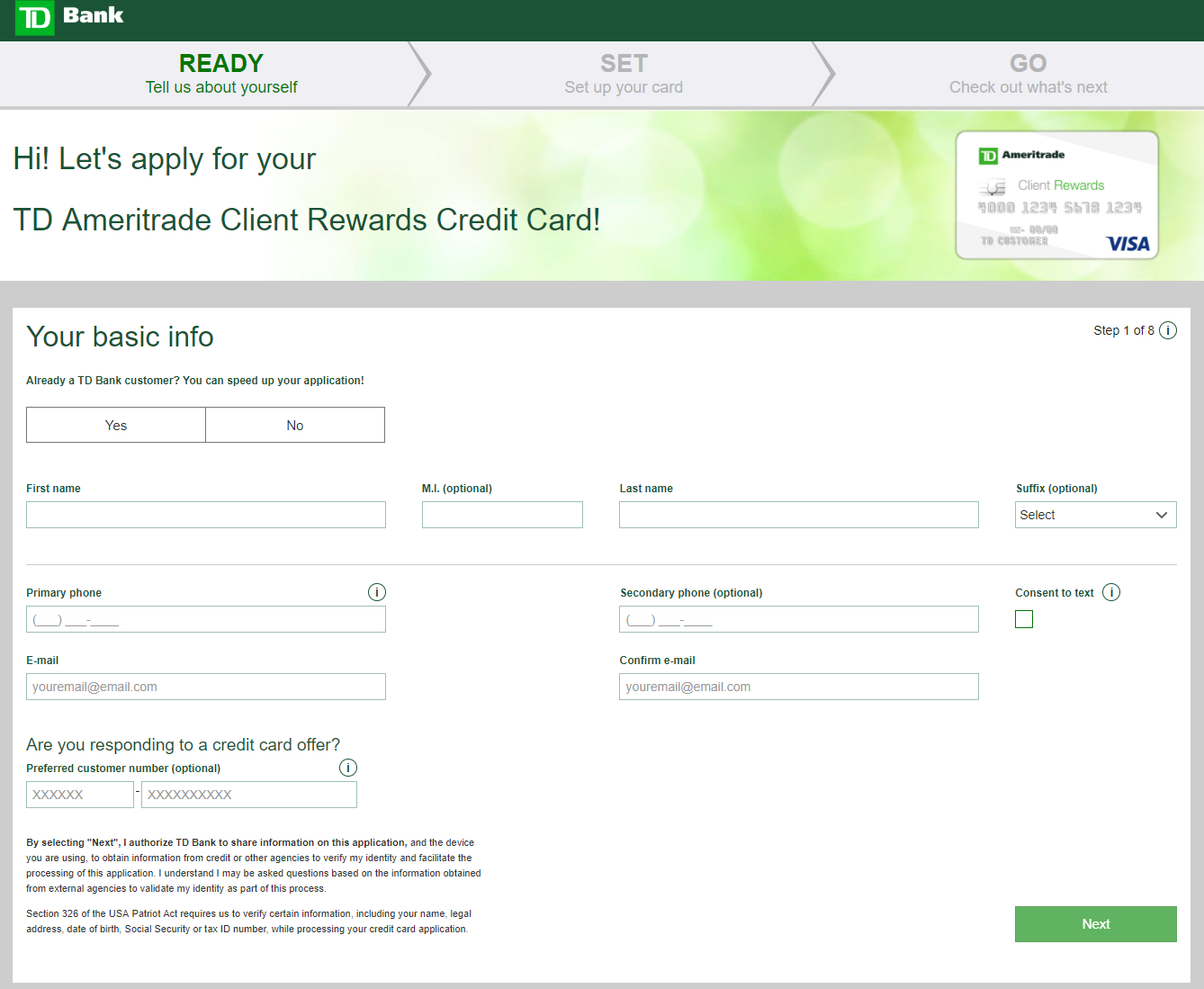 TD Bank Online Credit Card Application