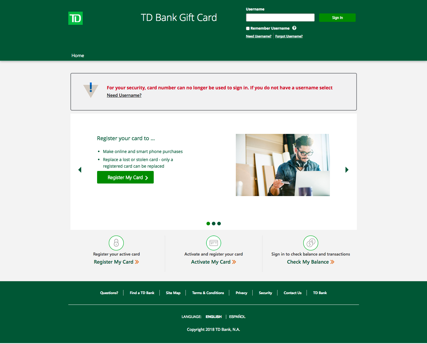TD Bank Gift Card Home Page