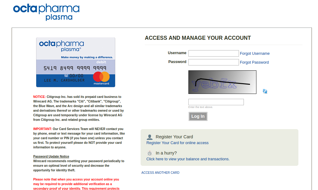 login.wirecard.com - Octapharma Plasma Prepaid Debit Card Login