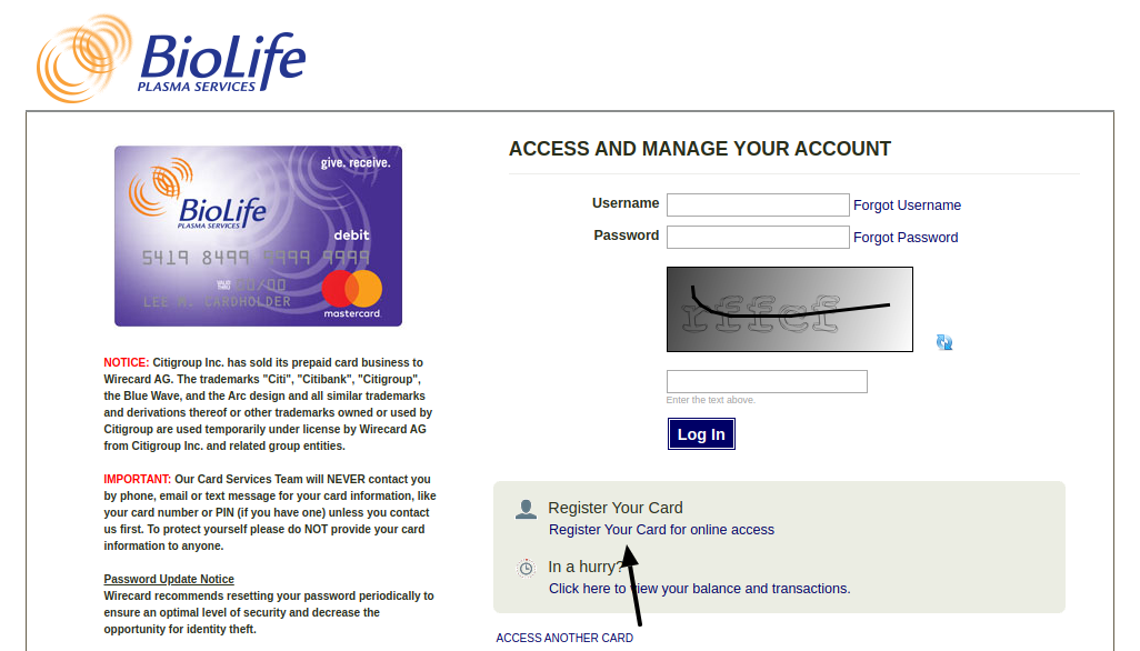 BioLife Prepaid Card Register
