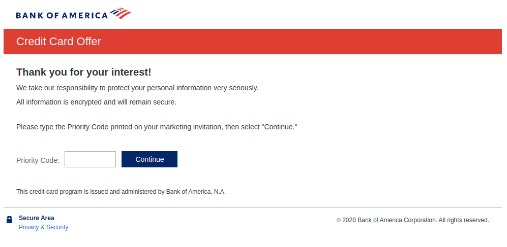 Bank of America Credit offer