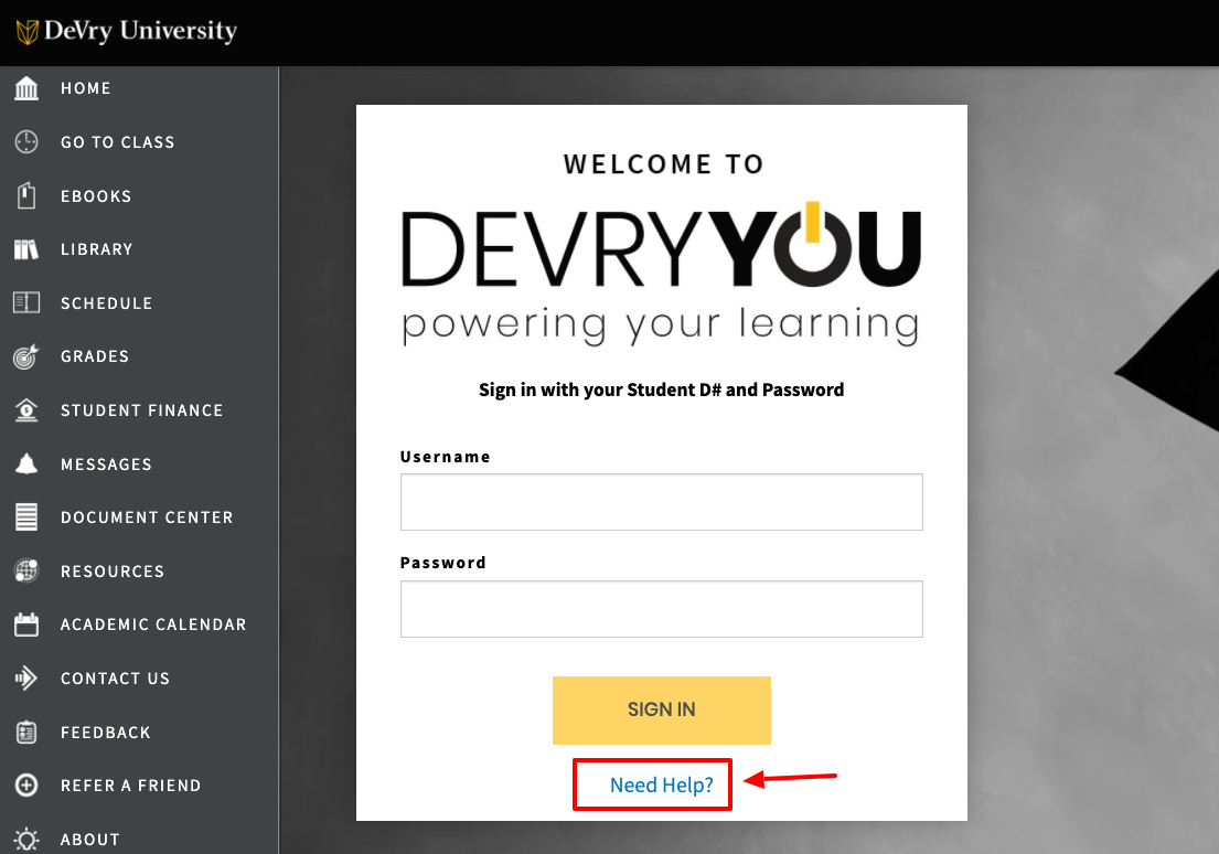 devry university reset password