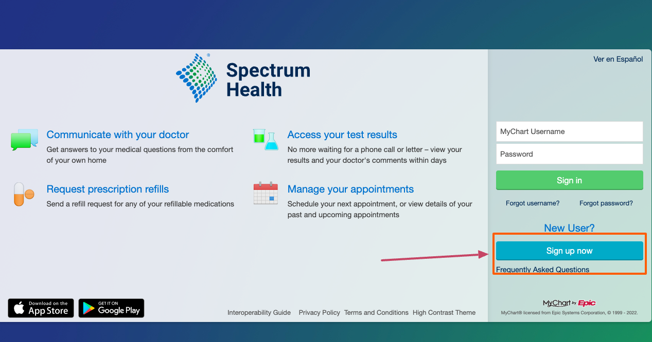 spectrum patient portal sign up page