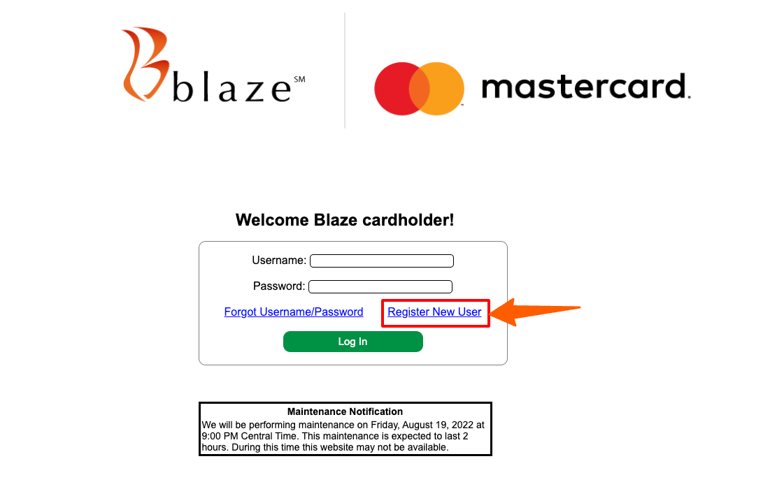 Blaze Credit Card register page