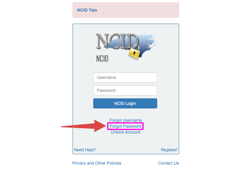 NCID forgot password page