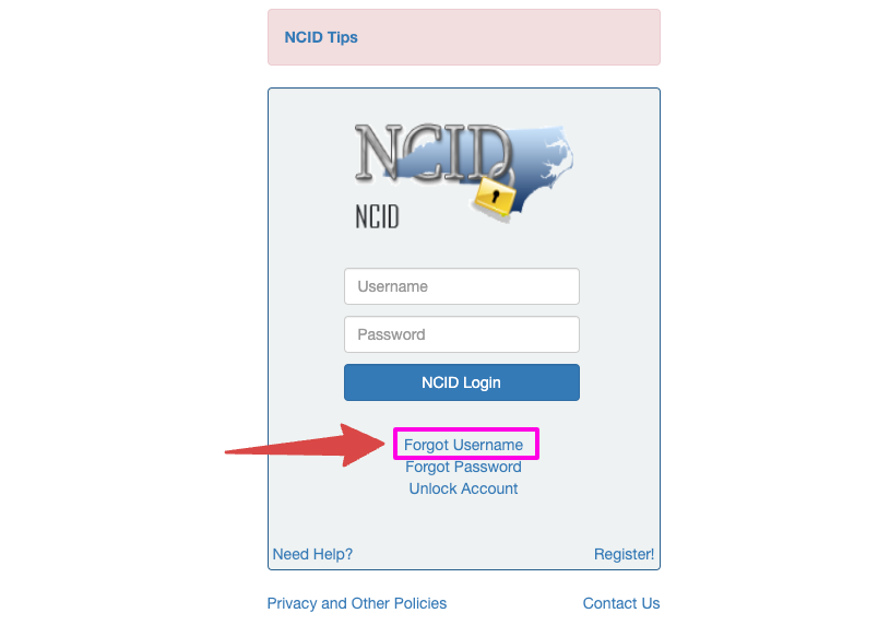 NCID forgot username page