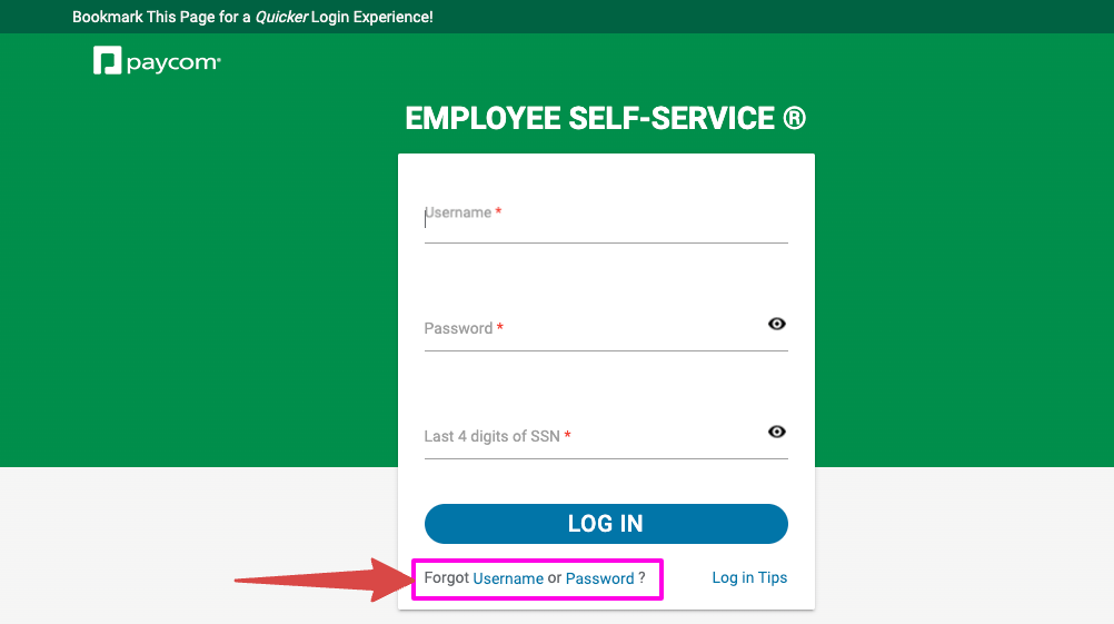 PayCom Employee forgot password page