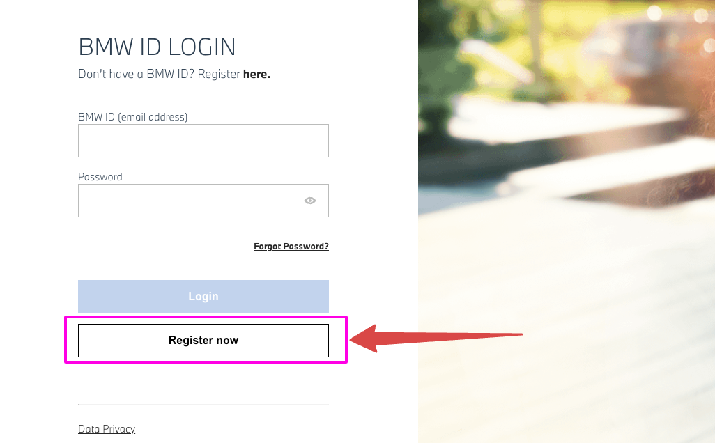 bmw id register now page
