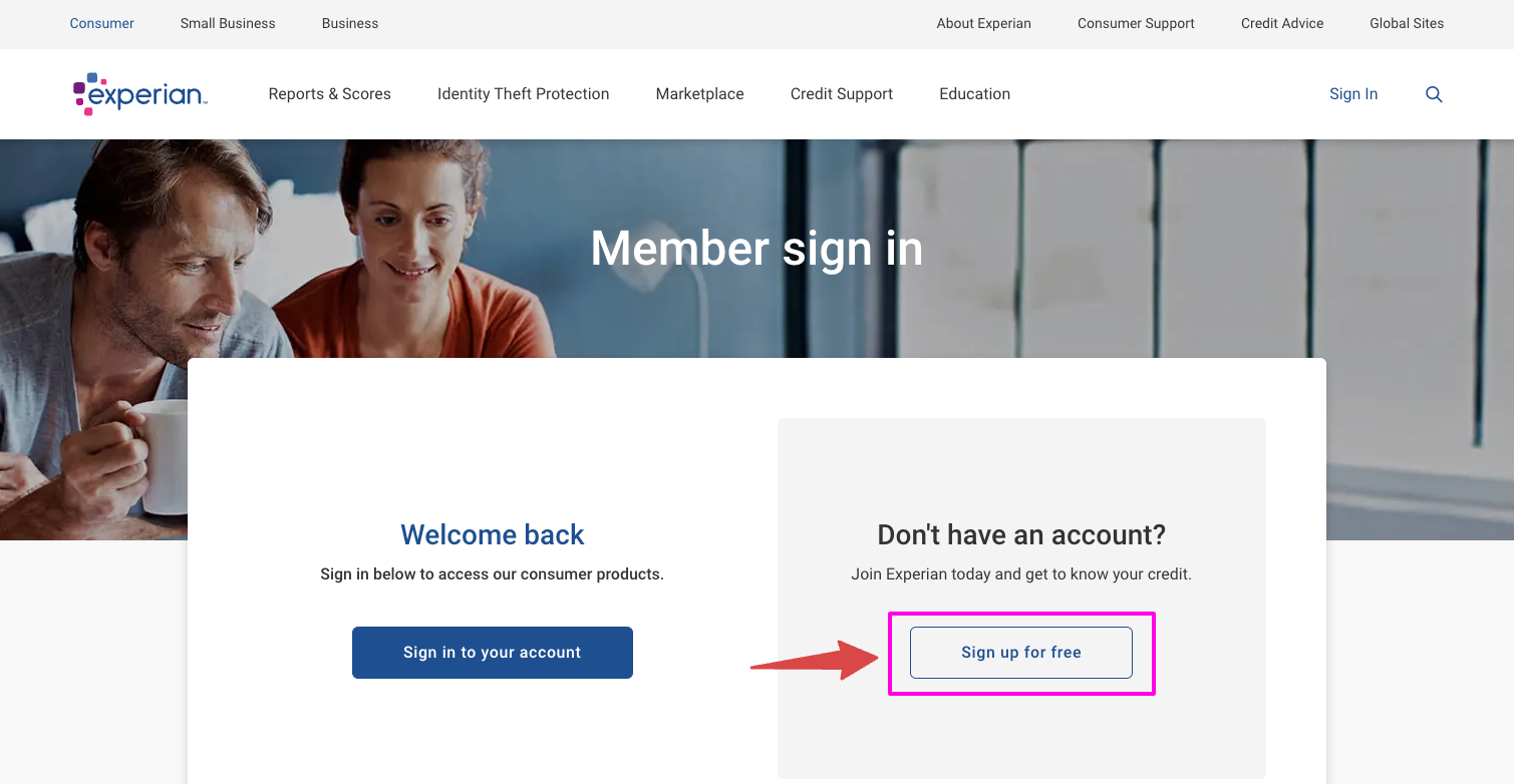 experian sign up page