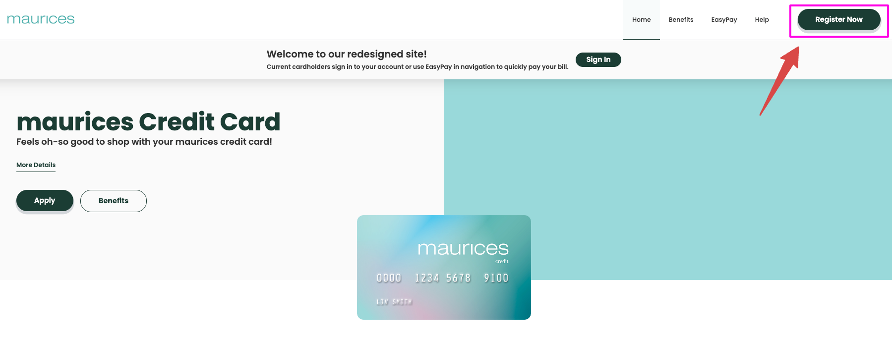 maurices card register page