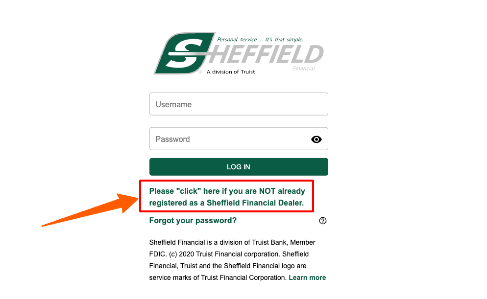 register for Sheffield Financial Dealer account