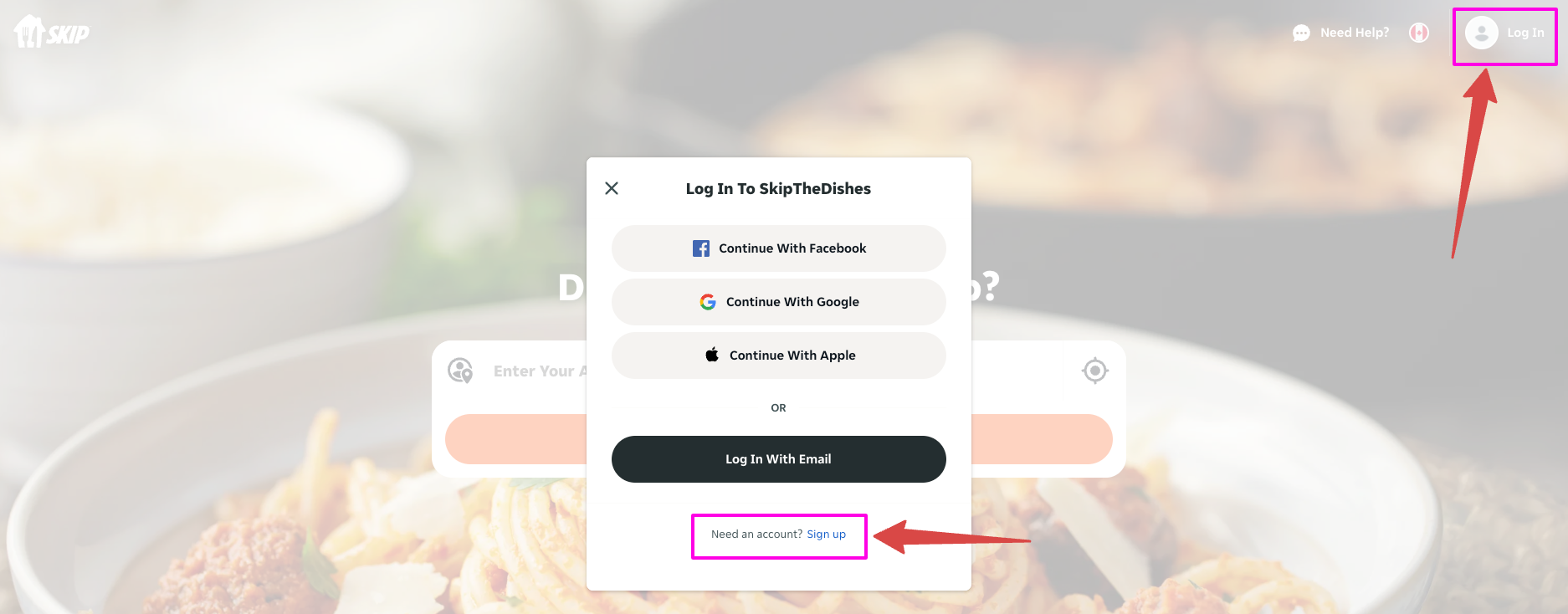skip the dishes sign up page