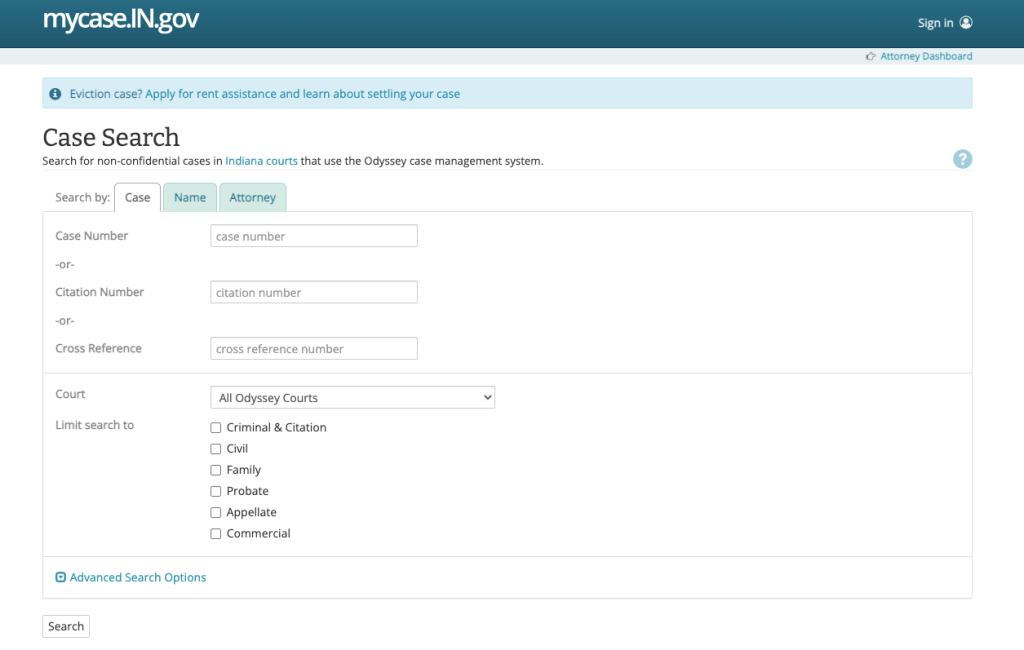 Indiana MyCase Search at mycase.in.gov