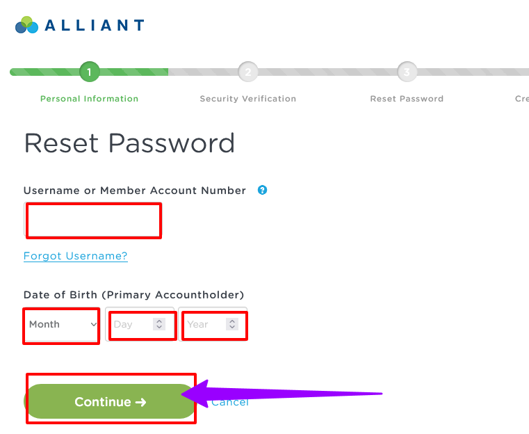 How to Recover Alliant Credit Union passward with username or account number