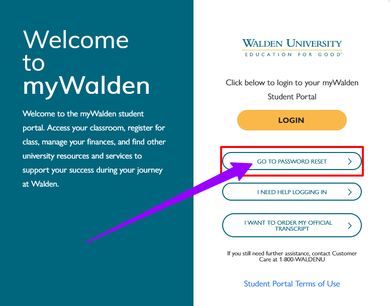 reset password for Walden Student login