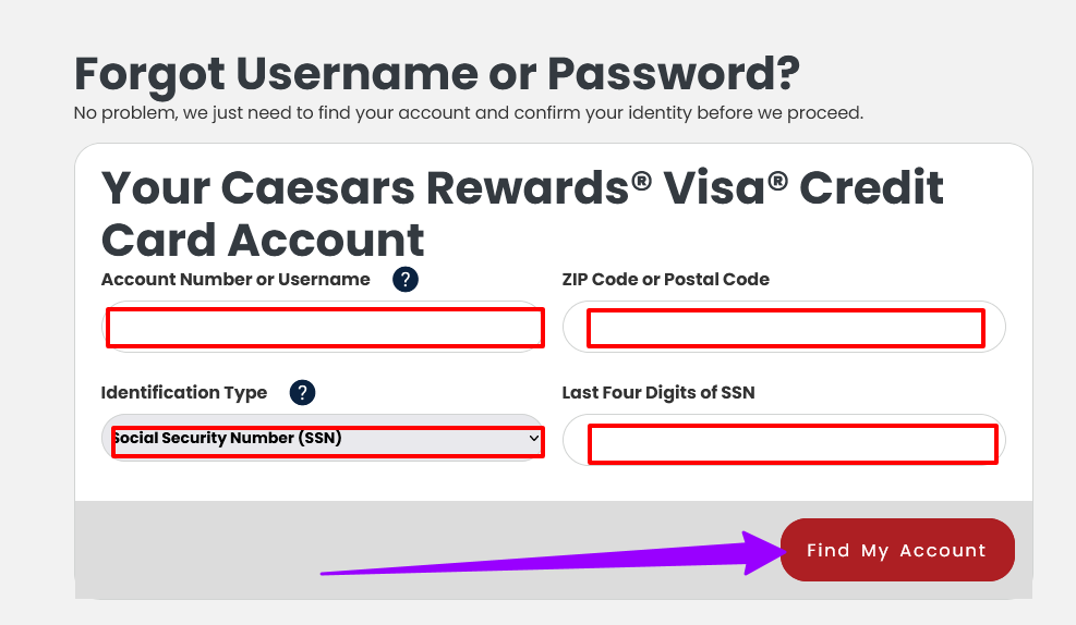 How to Reset the Username or Password of Caesars Rewards Visa Credit Card online