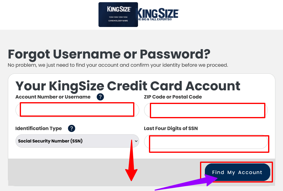 How to Retrieve KingSize Credit Card Login Details online