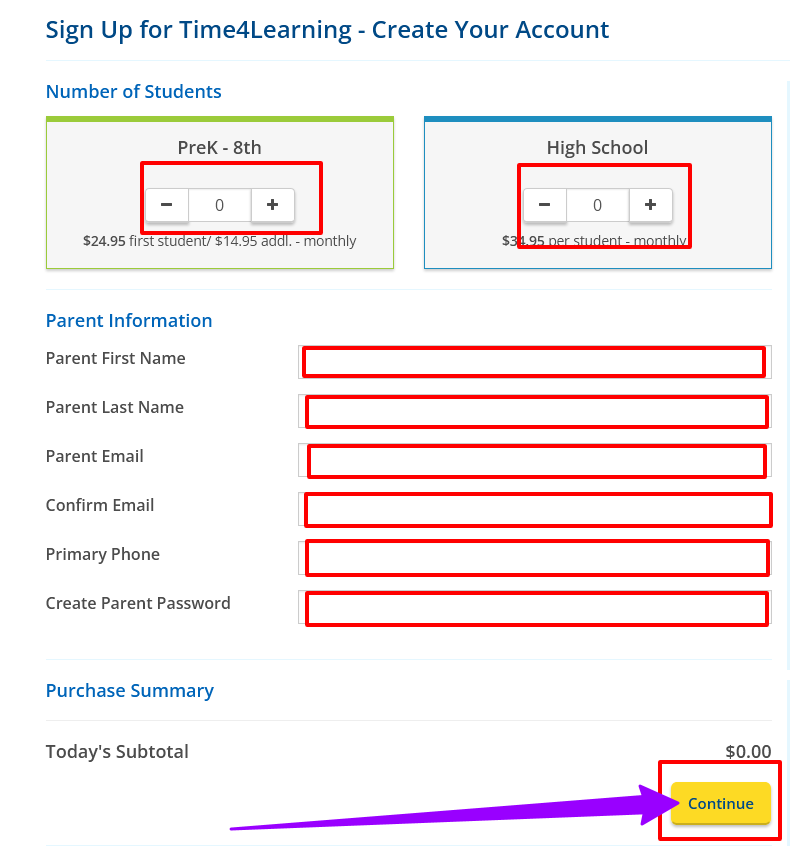 create Account on Time4Learning Portal online