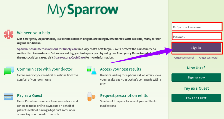 MySparrow Login Guide at mychart.sparrow.org